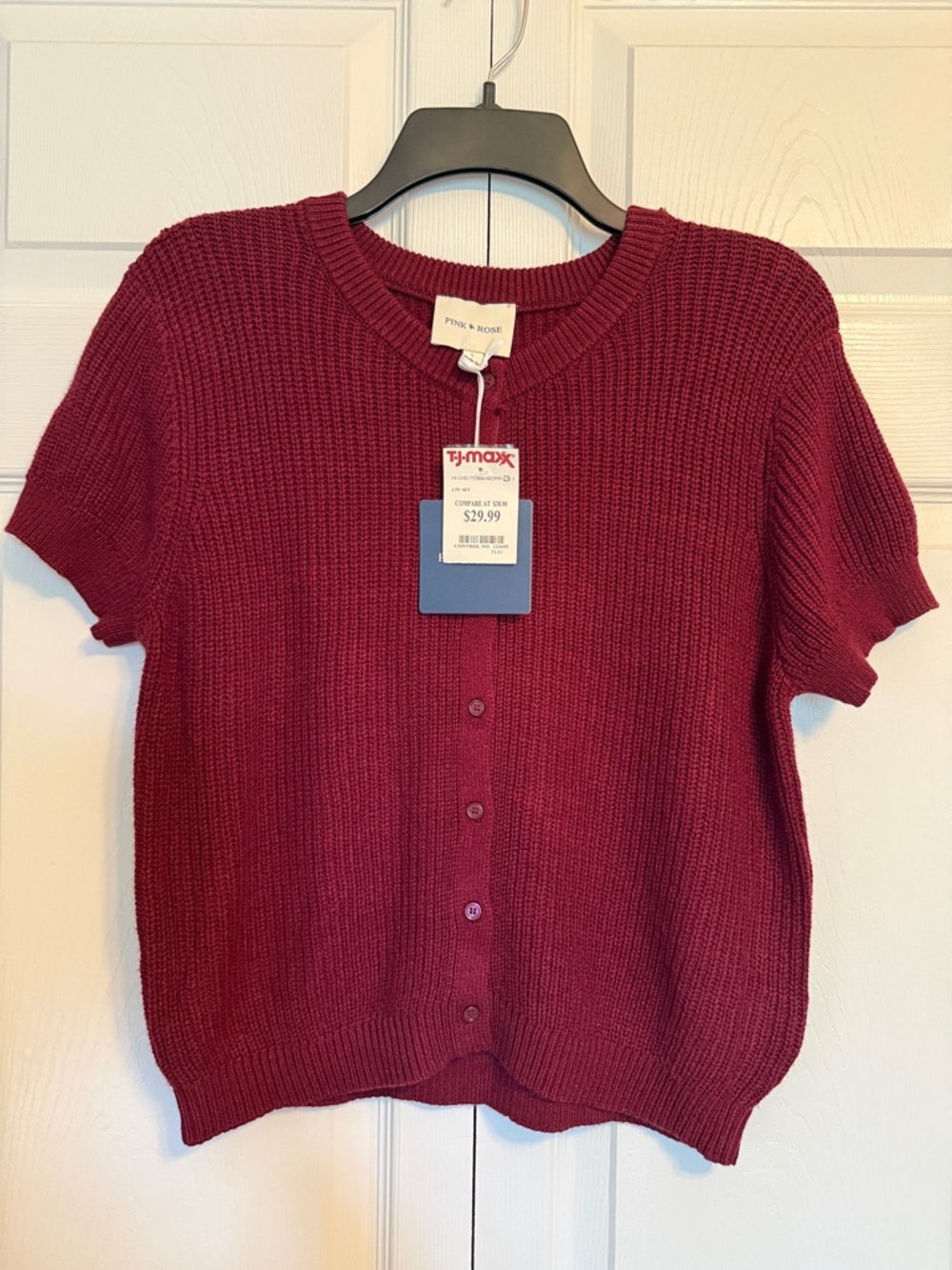 Pink Rose Wine Red Short-Sleeve Button Cardigan